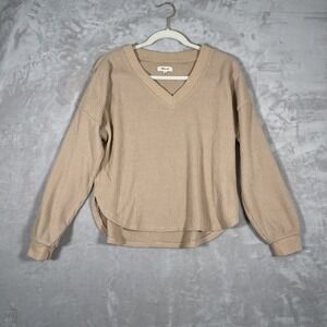 Madewell Women's Top V Neck Waffle Knit Neutral Casual M Tan